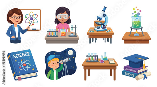 A vector illustration of students and teachers in a science classroom with various educational equipment and books.