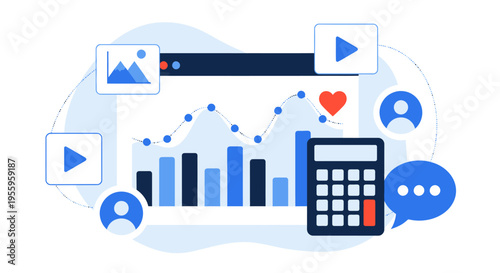 Modern data analytics dashboard with graphs, icons, and devices in a tech illustration.