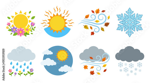 Weather icons showcase sunny, rainy, snowy, windy, and cloudy conditions in a vector graphic illustration with various seasonal elements.