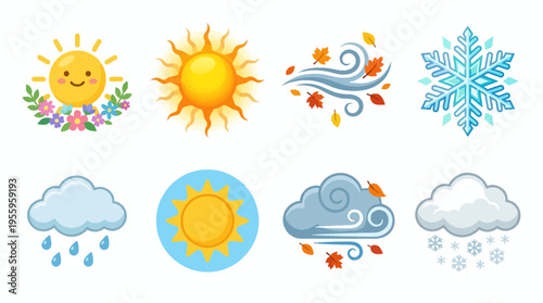 Various vector weather icons depict sunny, rainy, cloudy, snowy conditions with smiling faces and seasonal motifs in a colorful graphic design.