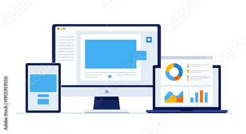 Collaborative technology workspace with multiple devices and screens displaying dashboards.
