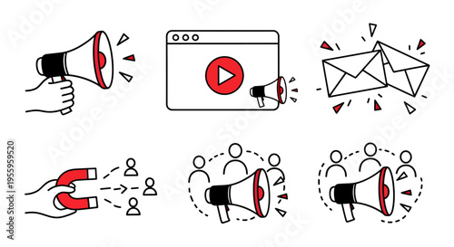 Group of people engaged in communication and outreach with megaphones, screens, and paper planes illustrating teamwork and public engagement.