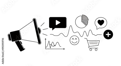 Graphic marketing megaphone with assorted icons representing communication, social media, and shopping concepts.