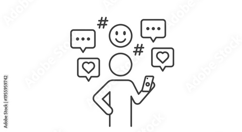 Illustration shows a person using a smartphone with multiple social media icons and chat bubbles around them.