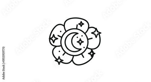Minimalist Line Art Flower with Crescent Moon and Stars Isolated on White Background