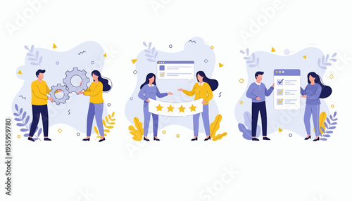 Group of diverse professionals collaborating and sharing ideas in a colorful illustration.