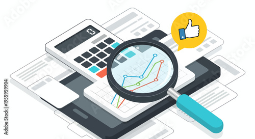 Business analysis and financial investigation with calculator and magnifying glass on documents.