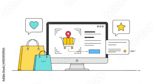 Online shopping analytics on a computer screen with map pin, charts, and shopping bags.