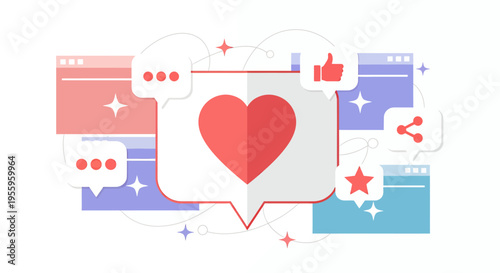 Illustration of colorful chat bubbles surrounding a central heart symbol representing connection, communication, and collaboration.