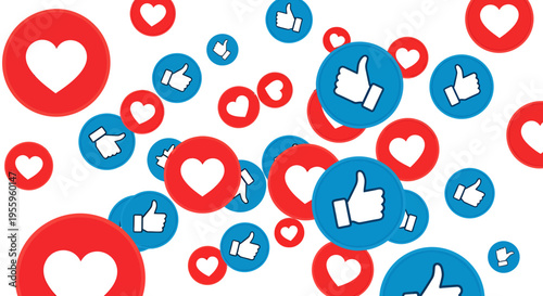 Abstract collage of social media engagement icons featuring hearts and thumbs among colorful circular symbols.