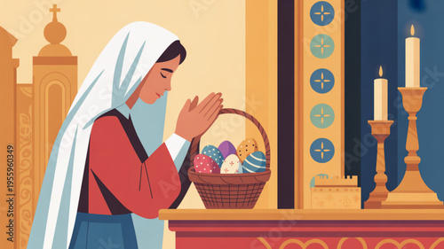 Woman in prayer with easter eggs basket in church interior with candles and altar