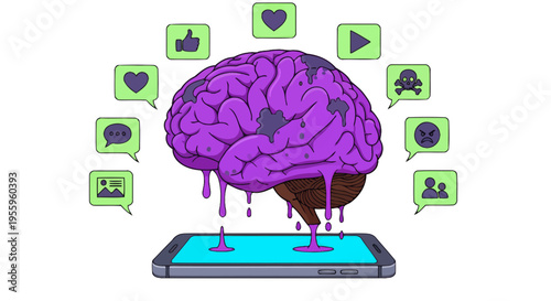 Purple brain emerging from a smartphone surrounded by digital icons symbolizing mobile intelligence and technology.