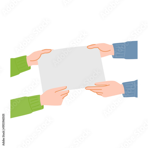 Hands receiving document top view