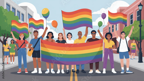 Diverse group of people holding rainbow flags and balloons on a city street during a pride parade celebration with colorful buildings and trees in the background