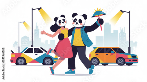 Panda couple walking in city with umbrella cars and streetlights urban scene with colorful vehicles