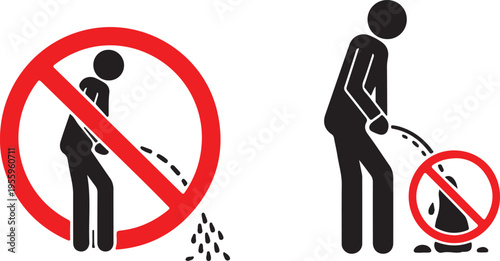 A man peeing outside as a no peeing sign icon on transparent background vector illustration