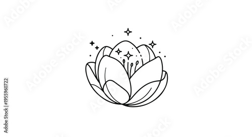 Minimalist Lotus Flower Line Art Illustration with Stars and Sparkles