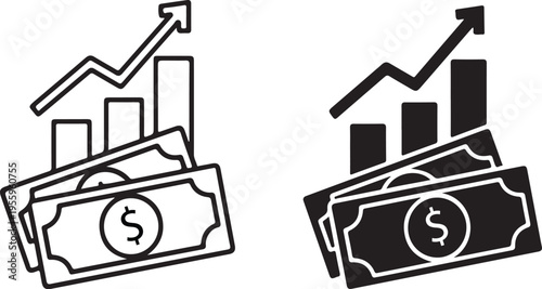 A financial growth chart with dollar bills in black outline and filled version on transparent background