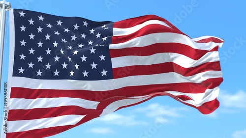 American Flag Waving in Breeze, Blue Sky Background, Patriotic Symbolism
