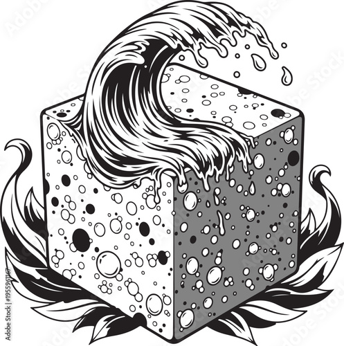 Abstract wave crashing on cube with bubbles and leaves, black and white illustration, creative art graphic