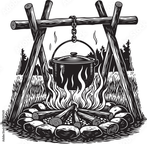 Camping scene vintage style illustration outdoor campfire cooking pot suspended from wooden tripod