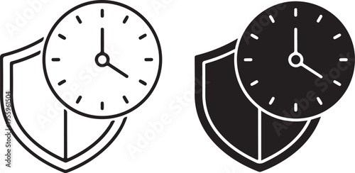 Clock face within a shield representing secure time management or timely protection in outline and solid