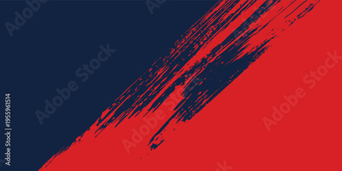 A dynamic abstract background features a bold contrast of red and navy blue separated by angled brush strokes, creating a visually striking and textured composition