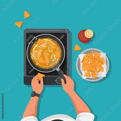Hands preparing crispy fried nachos in a hot oil pan on a stovetop