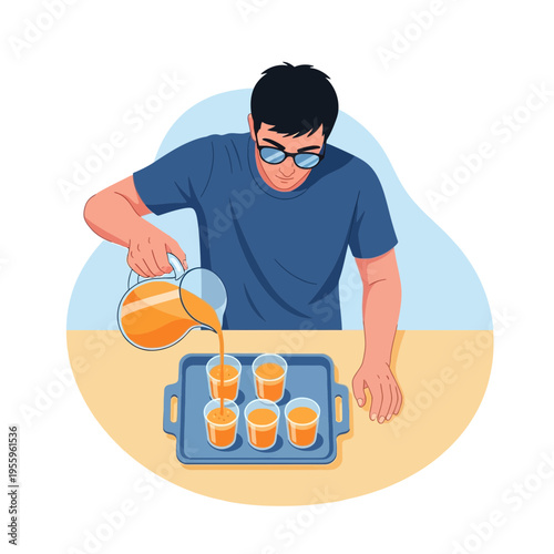 Man wearing glasses pours orange juice from a pitcher into small glasses on a tray