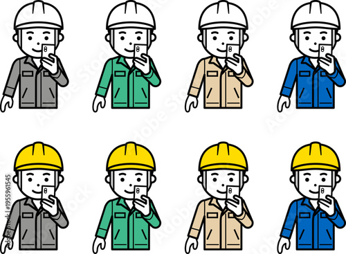 スマホを見るヘルメットと作業服を着用した男性のアイコン。その2