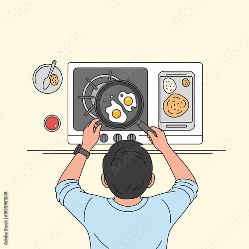 Man Cooking Fried Eggs For Breakfast In A Modern Kitchen Stove Top View With Various Food Items