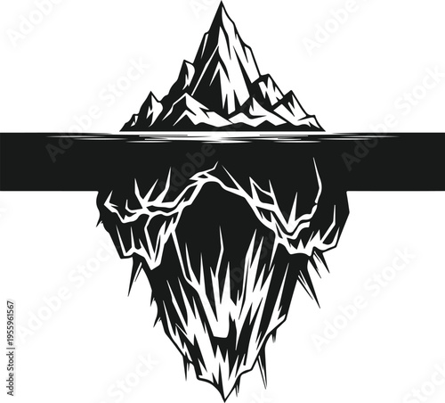 Detailed iceberg silhouette featuring sharp mountain top and wide horizontal bar representing water surface line