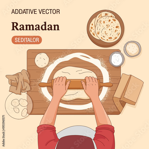 Person kneading dough for flatbread during Ramadan, showcasing traditional baking preparation.