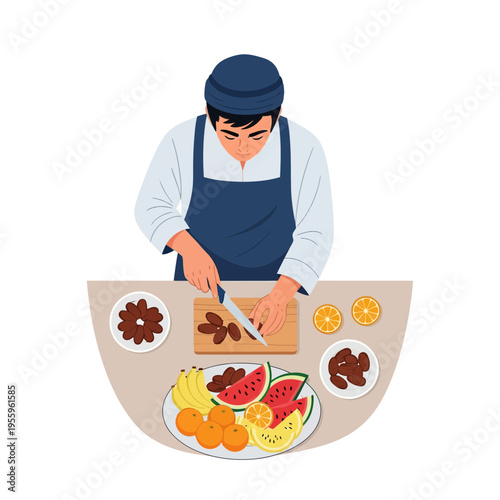 Man preparing a healthy fruit platter with dates for Iftar, slicing ingredients on a wooden board