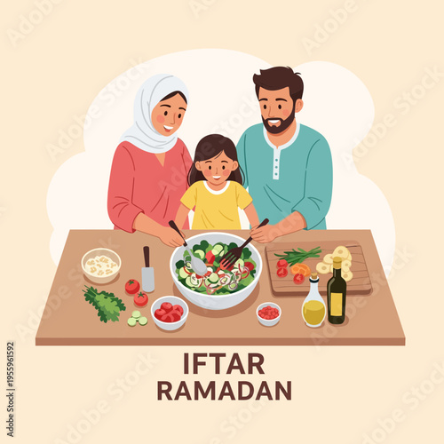 A Muslim family happily preparing a healthy iftar meal together for Ramadan
