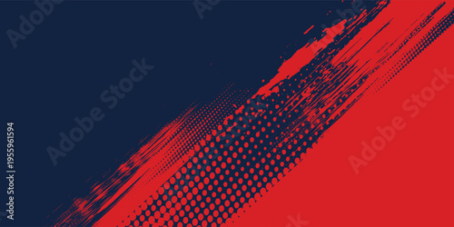 A dynamic abstract background features a bold contrast of red and navy blue separated by angled brush strokes, creating a visually striking and textured composition
