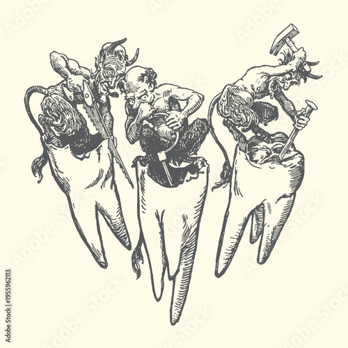 Grotesque vintage illustration depicting mischievous little devils actively causing tooth decay inside three large human molar roots