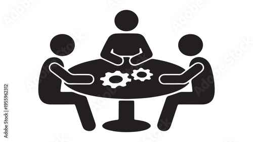 Community meeting silhouette icon, people discussing problem-solving and innovation with gear symbols.