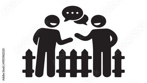 Two men chatting and sharing ideas with speech bubbles behind a garden fence, flat vector illustration.