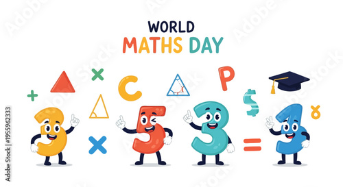 Colorful illustration of four cartoon characters celebrating World Maths Day with mathematical symbols and equations around them in a lively and educational design.
