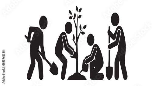 Community volunteers planting young tree together, environmental conservation and reforestation concept silhouette.