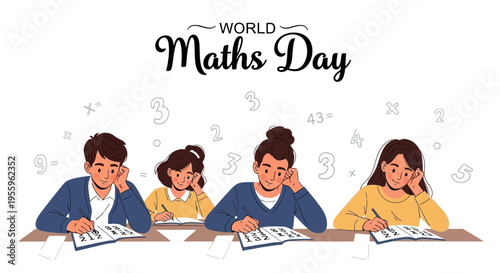 Illustration of students engaged in math problem solving for World Maths Day with a colorful design and educational concept.