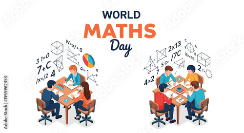 Illustration of students collaborating on math problems for World Maths Day with colorful designs and equations in the background.