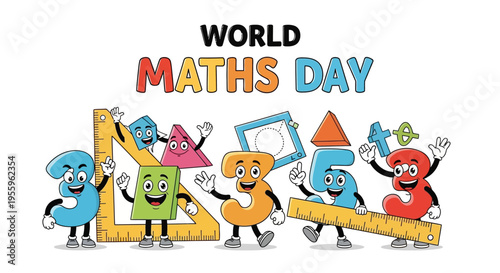Colorful illustration of cartoon math symbols celebrating World Maths Day with geometric shapes and educational tools on a white background.