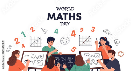 Illustration of a group of students engaged in a mathematics day celebration with equations and graphs on whiteboards in a colorful and lively setting.