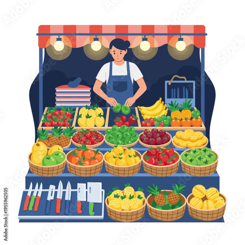 A cheerful vendor arranges an abundant display of fresh fruits at an outdoor market stall.