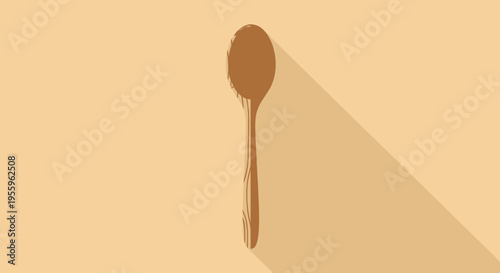 A single brown spoon casting a shadow on a beige surface