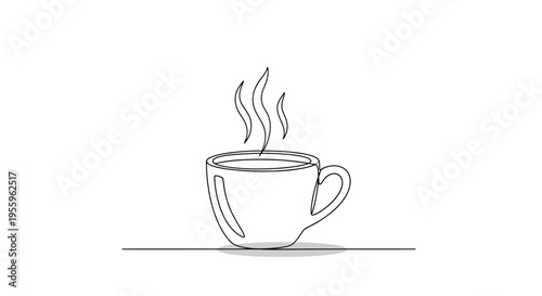 An illustration of a steaming cup of coffee on a table indoors