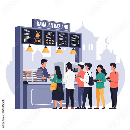 People queueing at Ramadan Baziand food stall with menus displayed and Islamic architecture in background