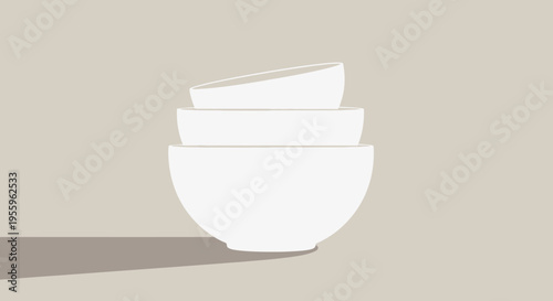 Stacked white bowls casting shadow on beige background surface